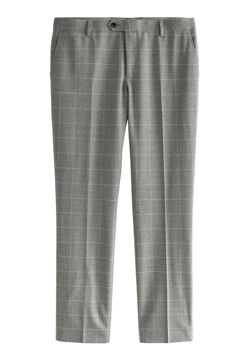 Grau karierte Hose mit lockerem Schnitt, flachem Bund, zwei Seitentaschen und einem Knopfverschluss. Hergestellt aus strukturiertem Stoff.