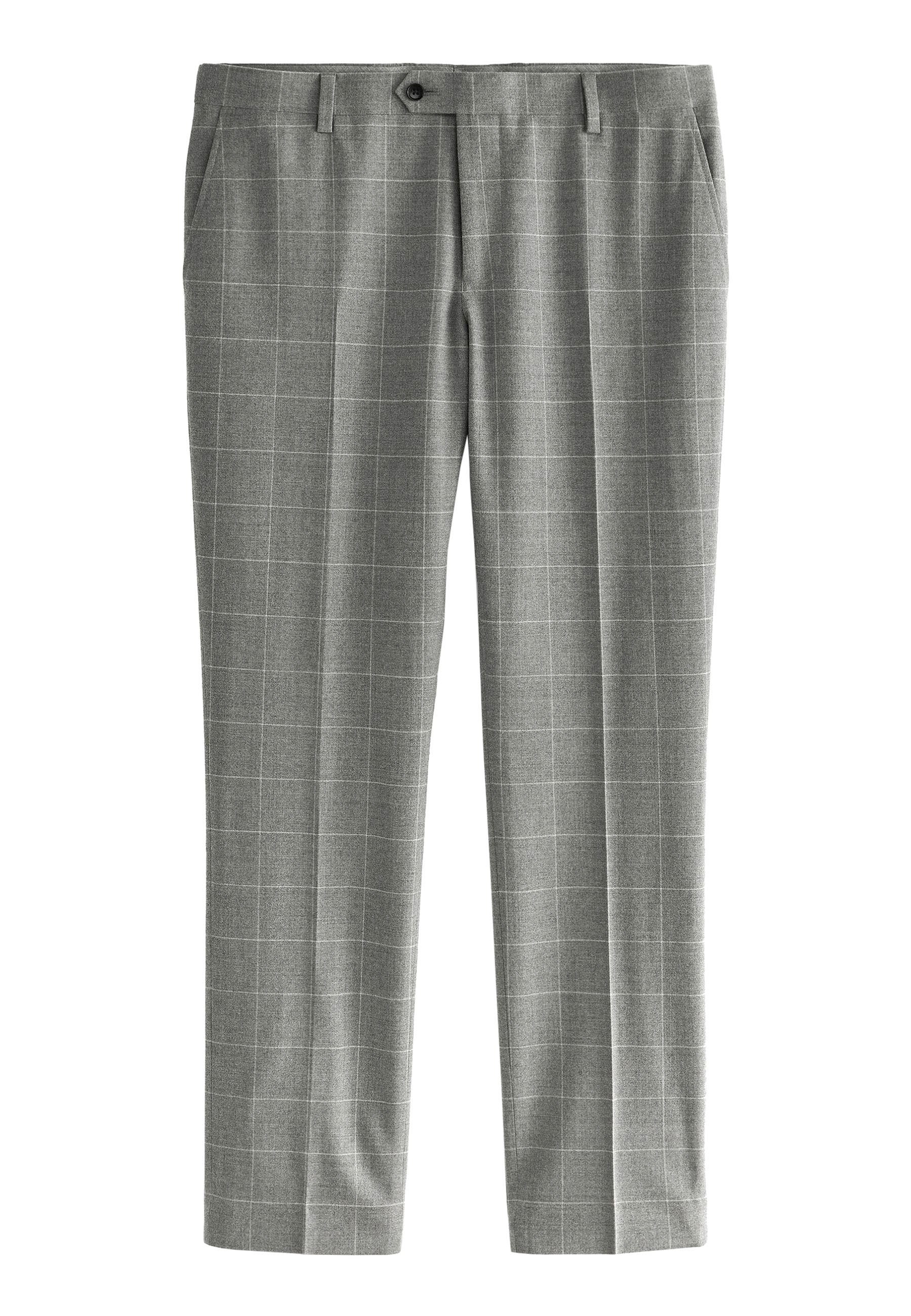 Grau karierte Hose mit lockerem Schnitt, flachem Bund, zwei Seitentaschen und einem Knopfverschluss. Hergestellt aus strukturiertem Stoff.