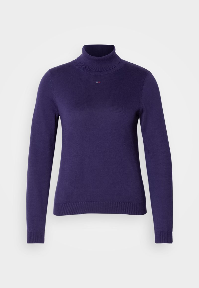 Lila Rollkragenpullover aus glattem, dehnbarem Stoff. Mit langen Ärmeln und geripptem Saum, versehen mit einem kleinen dreifarbigen Logo auf der Brust.