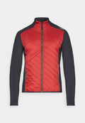 Herrenlangarmjacke mit rotem gestepptem Vorderteil und schwarzen Ärmeln, Reißverschluss und seitlichen Reißverschlusstaschen, stehendem Kragen.