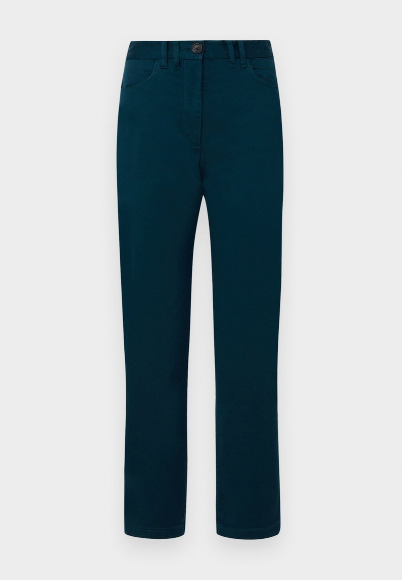 Dunkelgrüne Hose im gerade geschnittenen Design, mit einem Knopfverschluss, Fronttaschen und glattem Baumwollstoff.