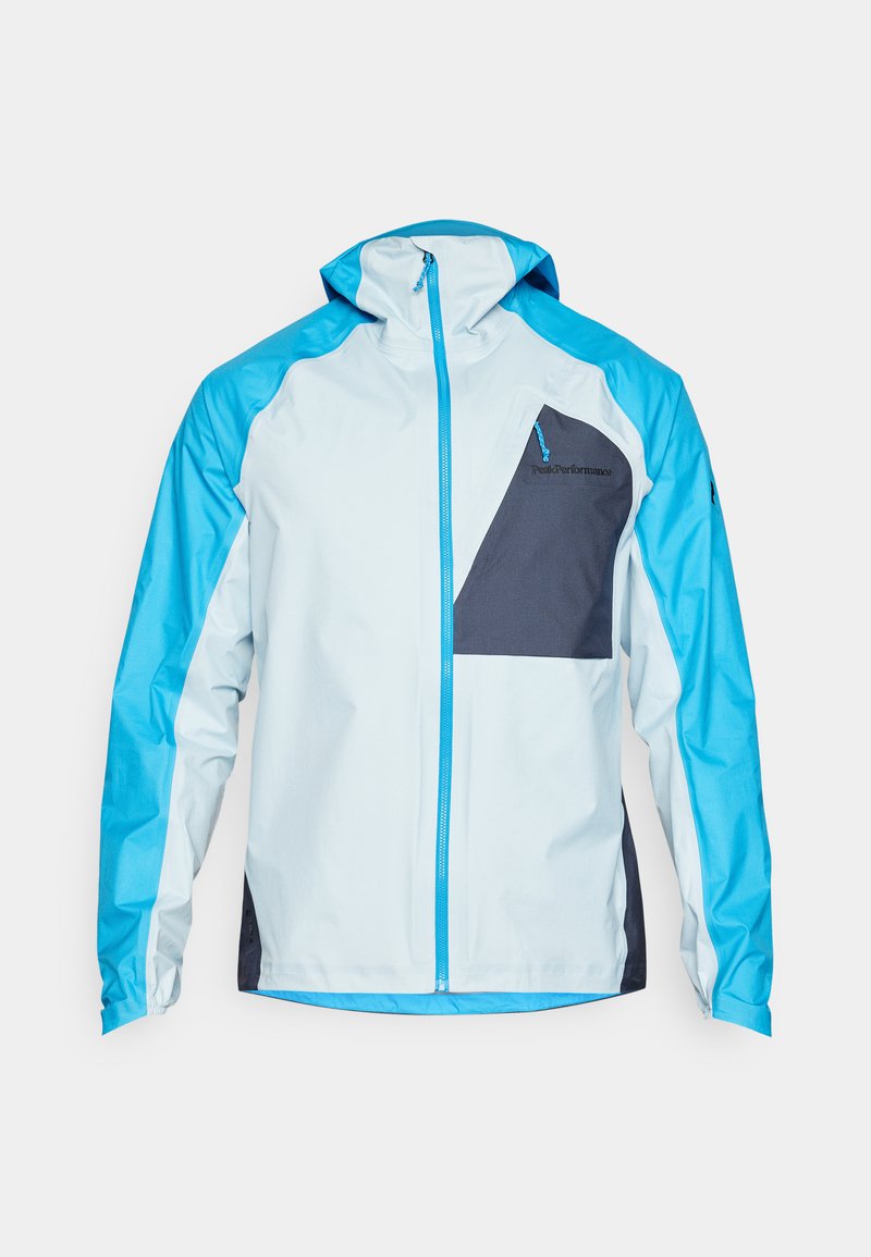 Leichte Jacke in Blau- und Weißtönen mit einem Reißverschluss vorne, einer Kapuze und einer strukturierten grauen Brusttasche.