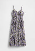 Blumenkleid mit dünnen verstellbaren Trägern, mit kleinem lila-schwarzem Blumenmuster auf hellem Hintergrund, fließender Stoff, A-Linien-Silhouette.