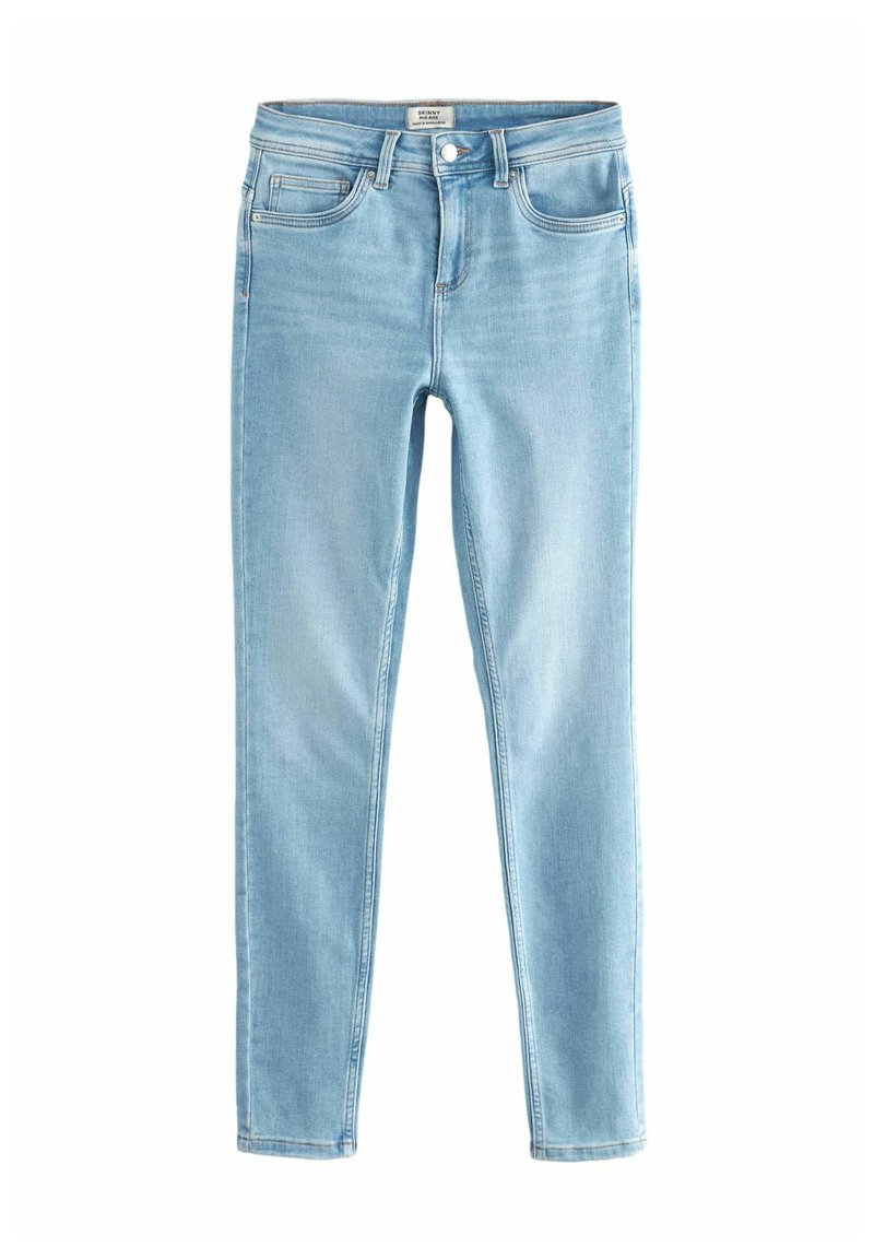 Helles blaues Denim-Jeans mit Slim Fit, ausgestattet mit fünf Taschen, Gürtelschlaufen und einem Knopfverschluss. Glatte Textur und klassisches Design.