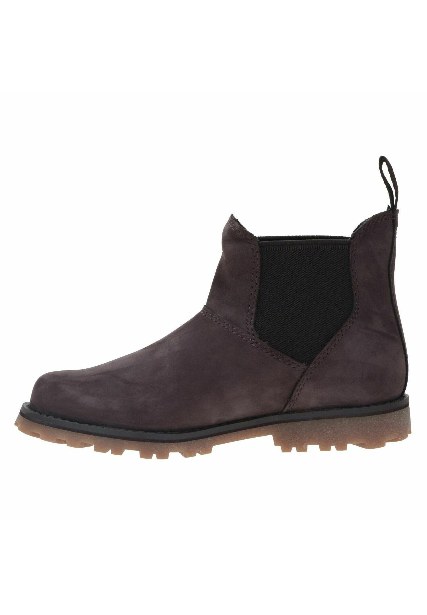 Dunkelbraune Leder Chelsea-Boots mit schwarchem elastischen Seitenpanel, Zuglasche hinten und robustem hellbraunem Gummisohle.