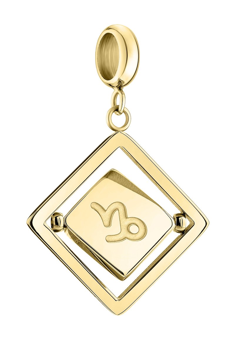 Goldener Anhänger in Diamantform mit einem zentralen Quadrat, das das Zwillinge-Symbol im Relief zeigt. Glatte Oberfläche mit glänzendem Erscheinungsbild.