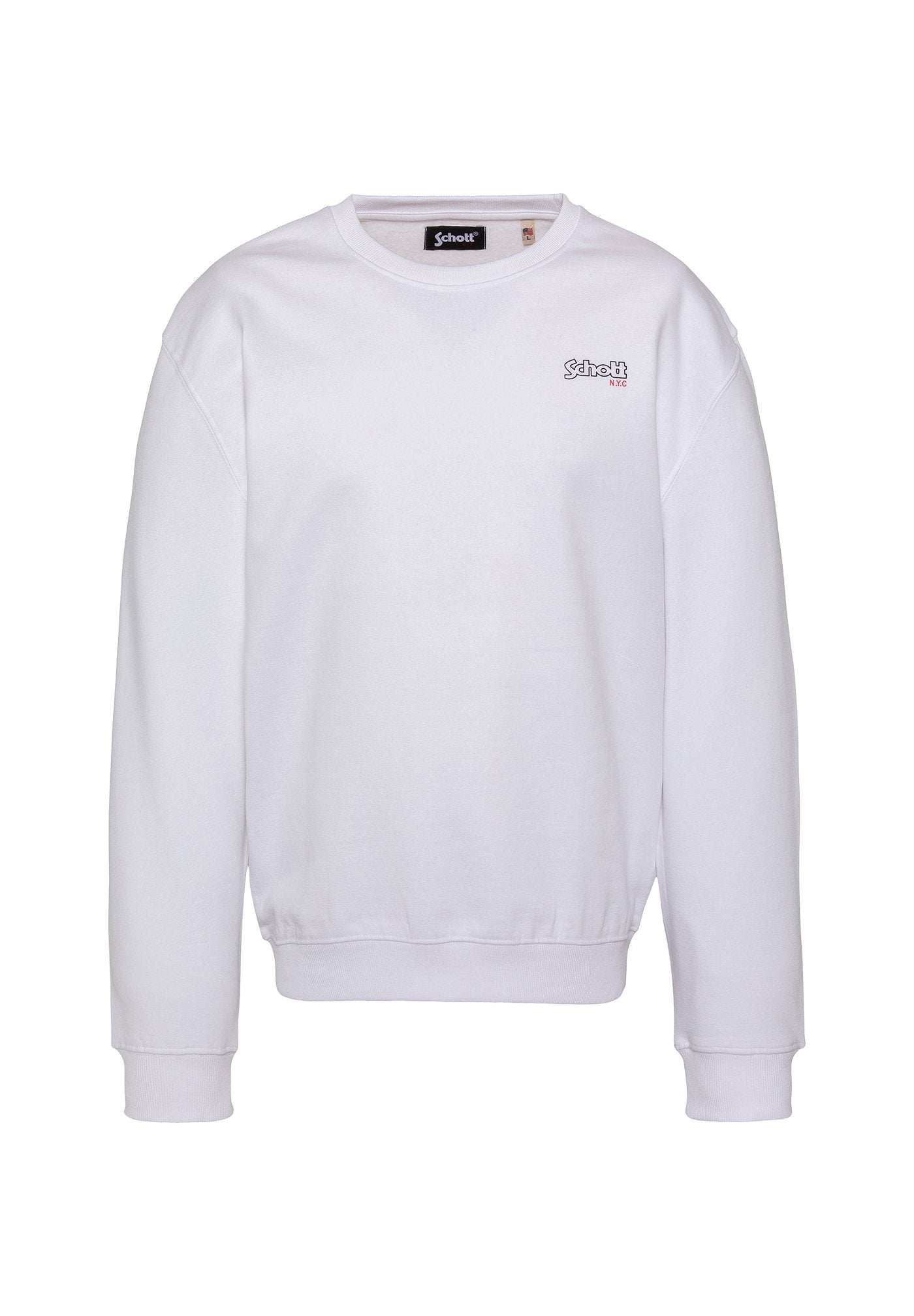 Weißes Sweatshirt mit langen Ärmeln und Rundhalsausschnitt, kleines schwarzes und rotes "Schott NYC"-Logo auf der linken Brustseite sowie gerippte Bündchen und Saum.
