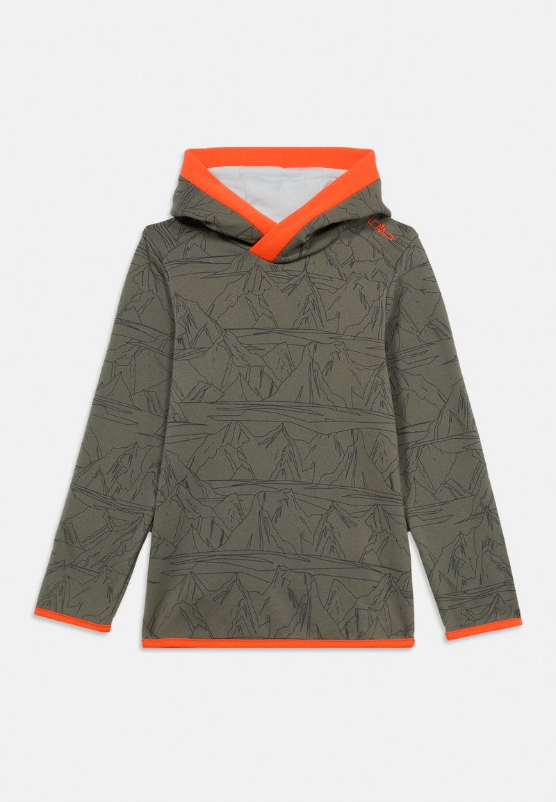 Kapuzenshirt mit langem Arm und Bergmuster in Dunkelgrün, mit leuchtend orangefarbenem Besatz an Kapuzenrand, Bündchen und Saum.