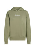 Olivgrüner Kapuzenpulli mit einer vorderen Kängurutasche, gerippten Bündchen und Saum. Mit weißem Text "The Future Surf Society". Glattes Material.