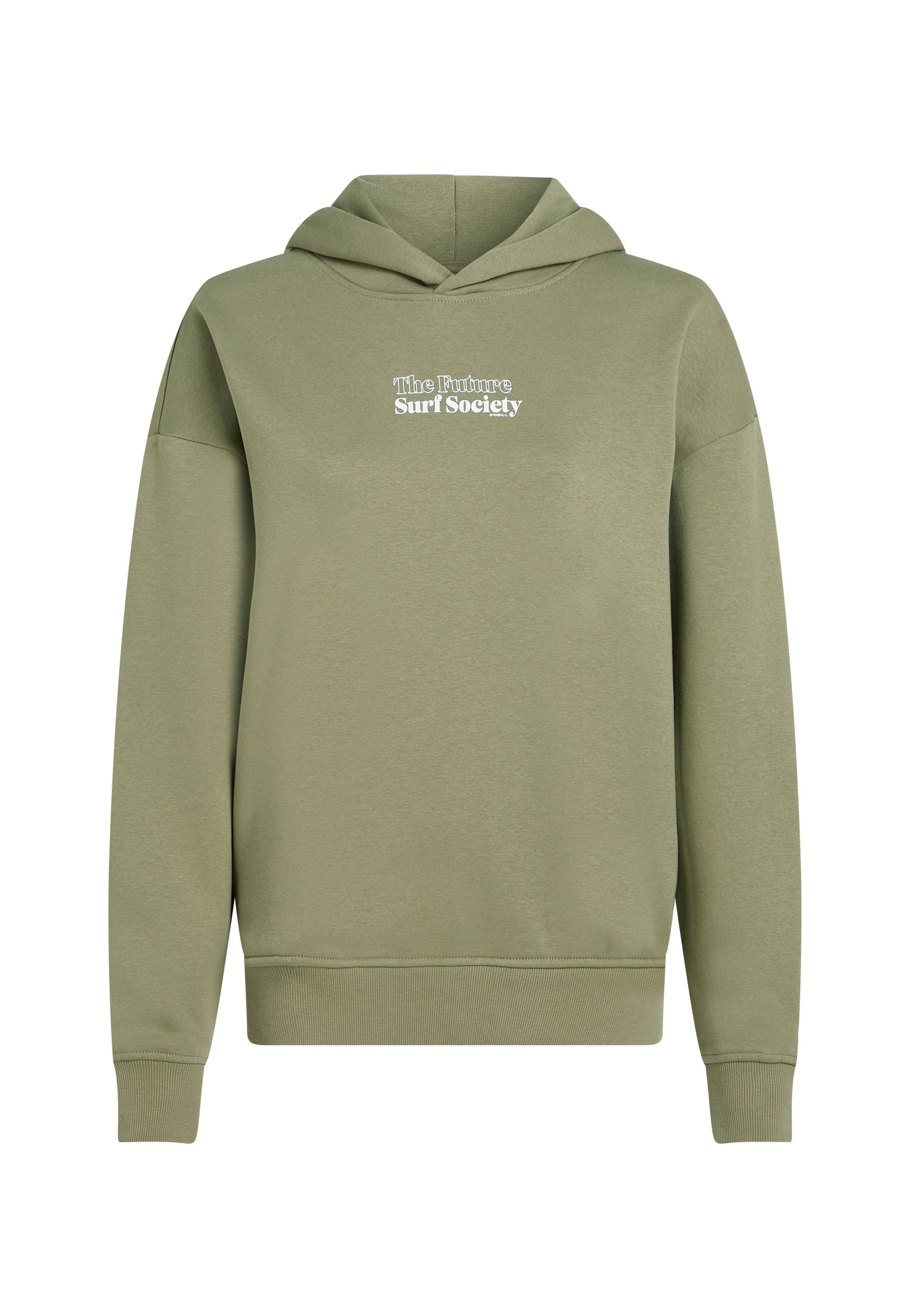 Olivgrüner Kapuzenpulli mit einer vorderen Kängurutasche, gerippten Bündchen und Saum. Mit weißem Text "The Future Surf Society". Glattes Material.