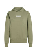 Olivgrüner Kapuzenpulli mit einer vorderen Kängurutasche, gerippten Bündchen und Saum. Mit weißem Text "The Future Surf Society". Glattes Material.
