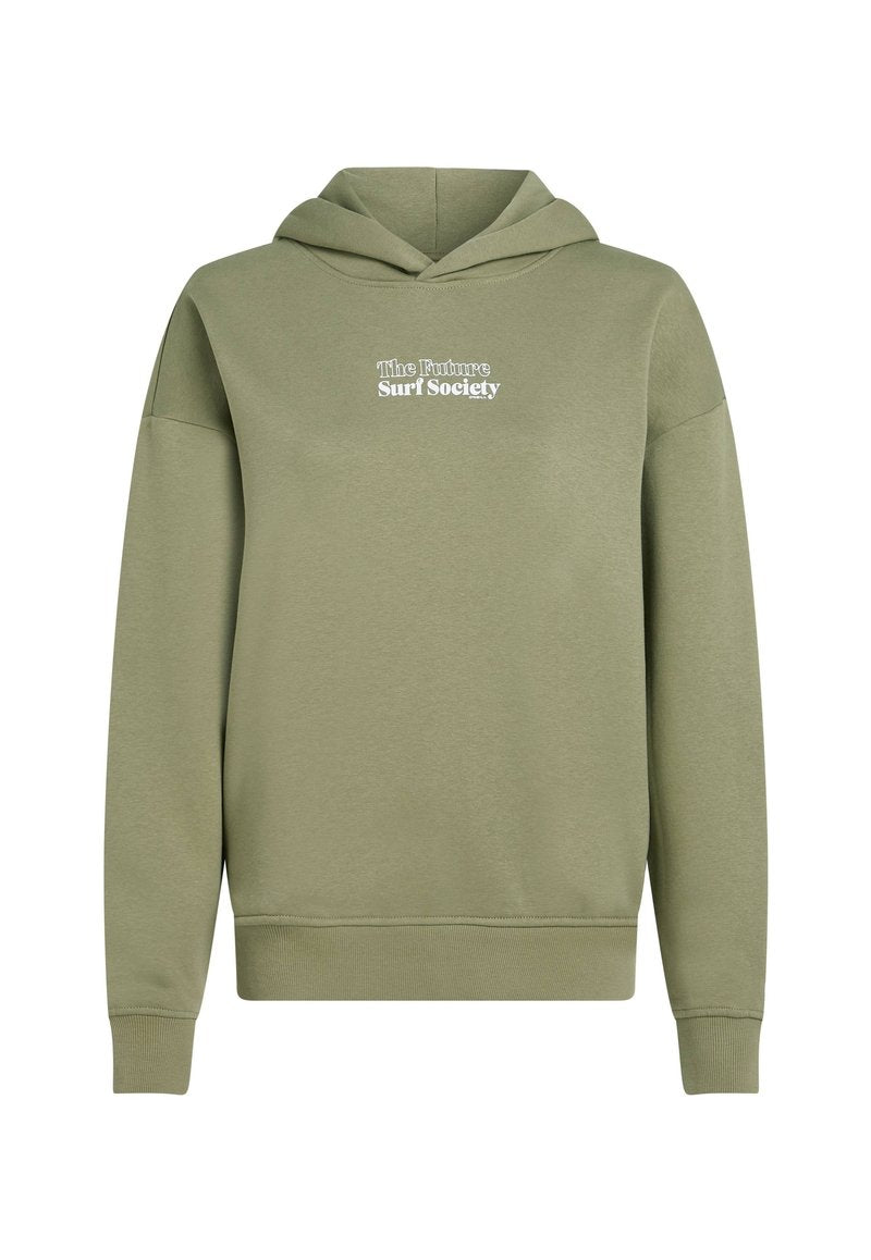 Olivgrüner Kapuzenpulli mit einer vorderen Kängurutasche, gerippten Bündchen und Saum. Mit weißem Text "The Future Surf Society". Glattes Material.