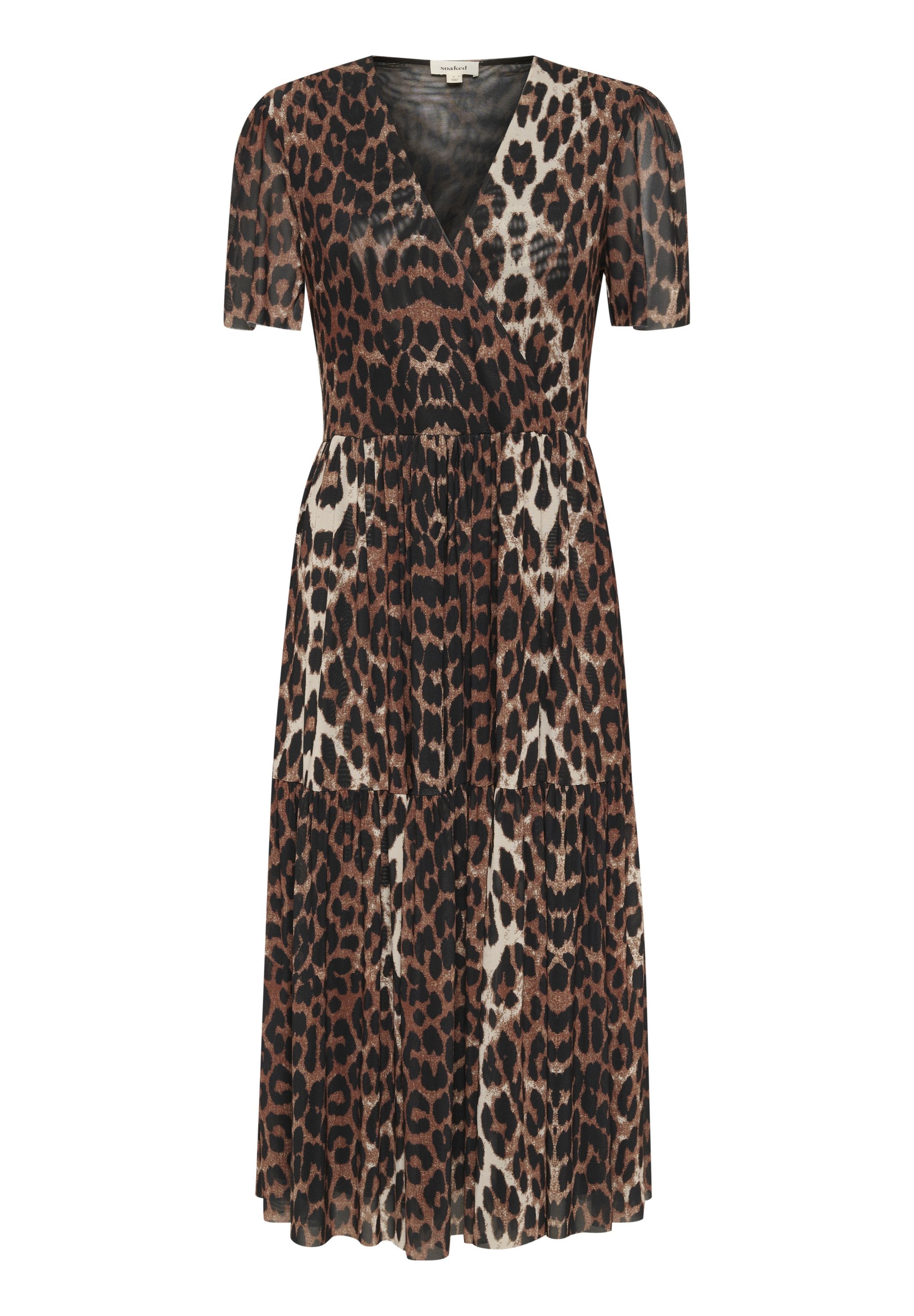 Leopardenmuster Wickelkleid mit kurzen Ärmeln, V-Ausschnitt, gestuftem Rock in Braun- und Cremetönen, aus leichten Stoff gefertigt.