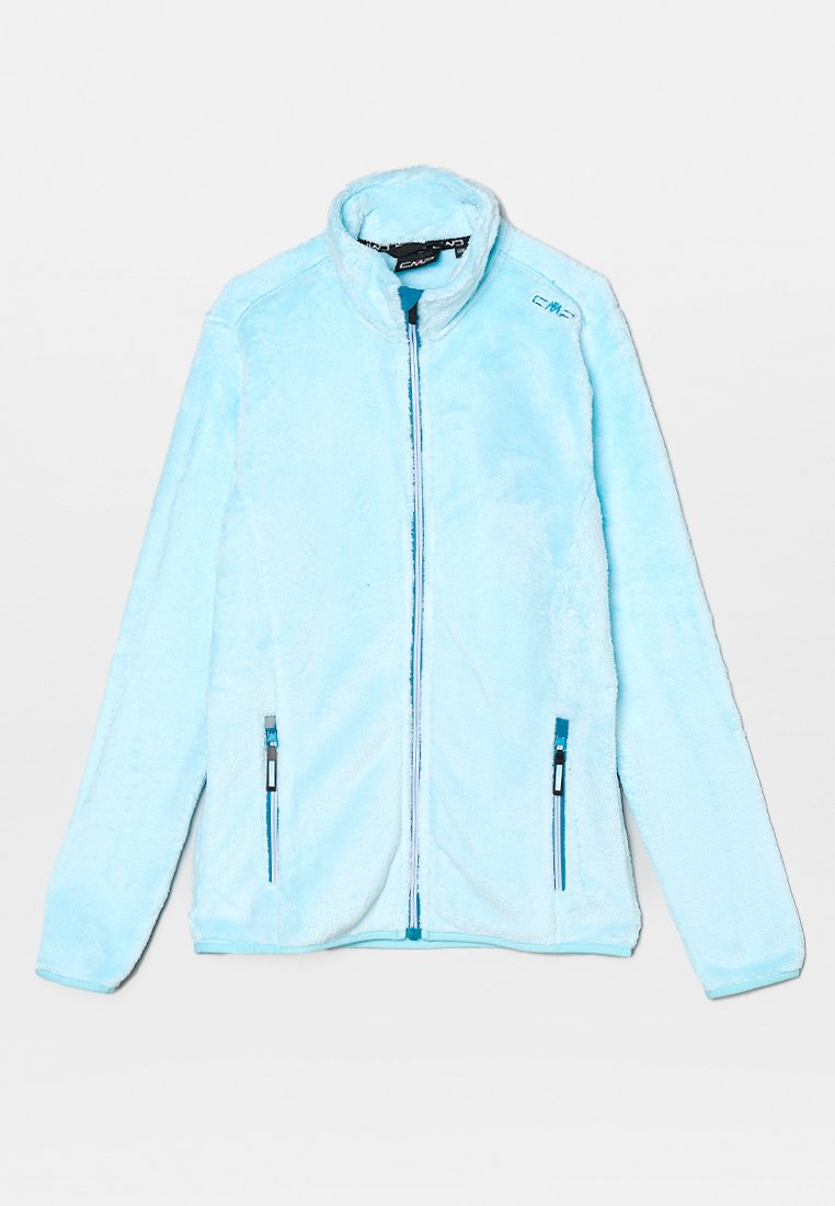 Hellblauer Fleece-Pullover mit hohem Kragen, durchgehendem Frontreißverschluss und zwei Reißverschlusstaschen, mit kontrastierenden blauen Beschlägen.