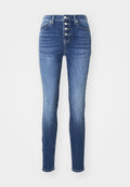 Blaue Jeans aus Denim mit hoher Taille, fünf-Knopf-Verschluss und schmaler Passform. Verfügt über dezente Ausbleichungen, ein fünf-Taschen-Design und gestickte Säume.