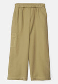 Khaki weite Hosen mit einem elastischen Bund, seitlichen Taschen und einer Cargo-Tasche mit kontrastierenden gelben Nähten.
