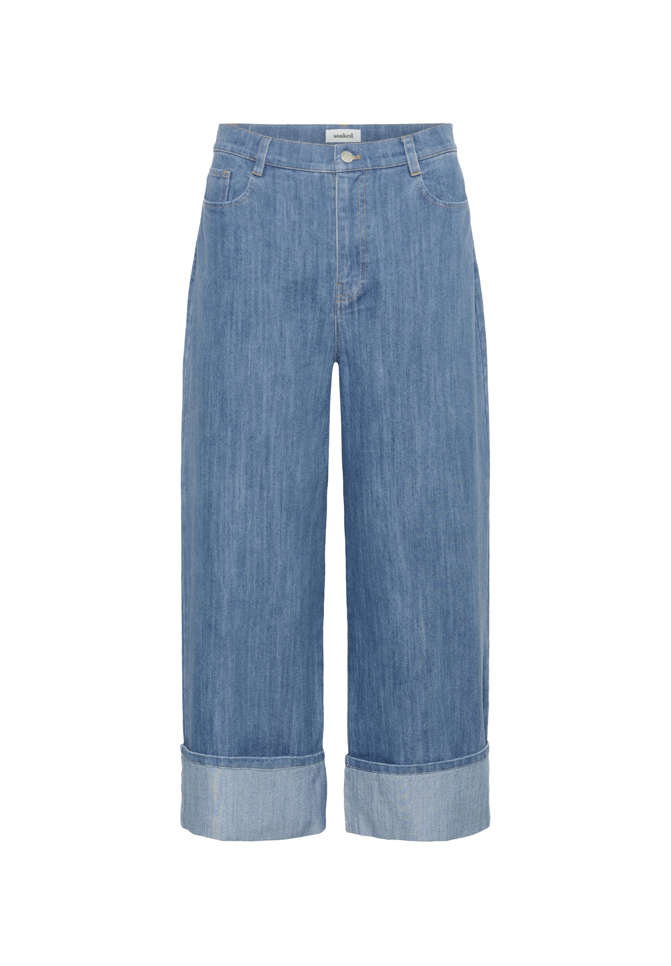 Helle blaue Denim-Cropped-Jeans mit weitem Bein und umgeschlagenem Saum, hohe Taille und Fünf-Taschen-Design. Angenehme Textur mit dezentem Verblassungs-Effekt.