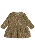 Grünes Langarm-Baby-Kleid mit pink-weißen Blumenmuster und gerafftem Taillendetail.