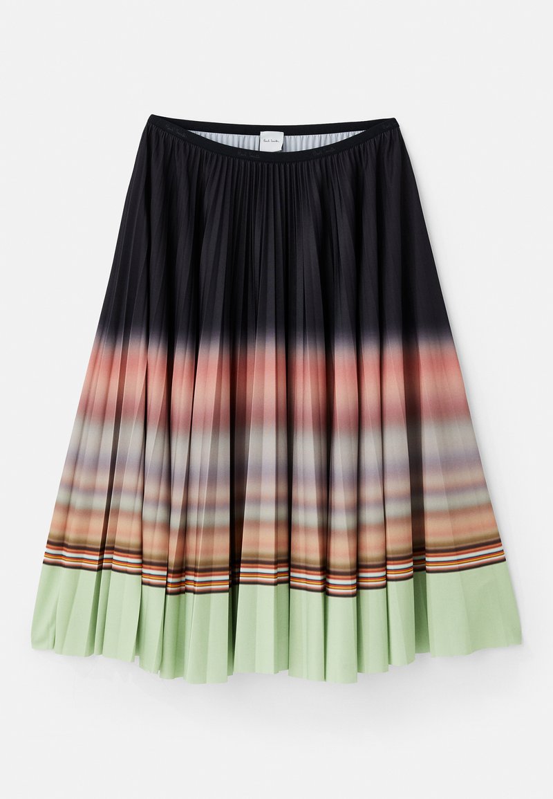 Faltenrock in Schwarz mit einem Ombre-Gradient, der am Saum von Orange zu Mintgrün übergeht, und bunten gestreiften Akzenten.