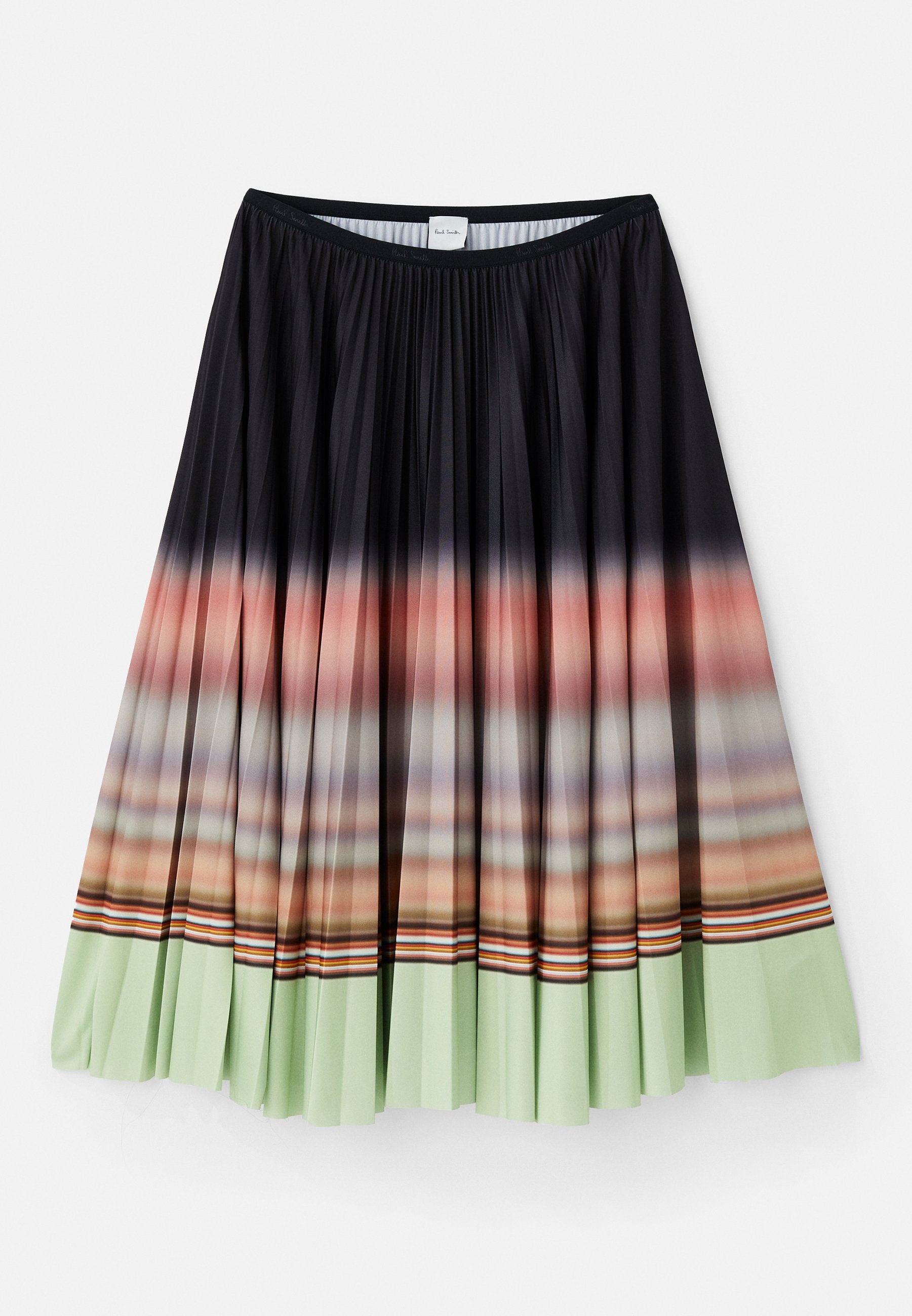 Faltenrock in Schwarz mit einem Ombre-Gradient, der am Saum von Orange zu Mintgrün übergeht, und bunten gestreiften Akzenten.