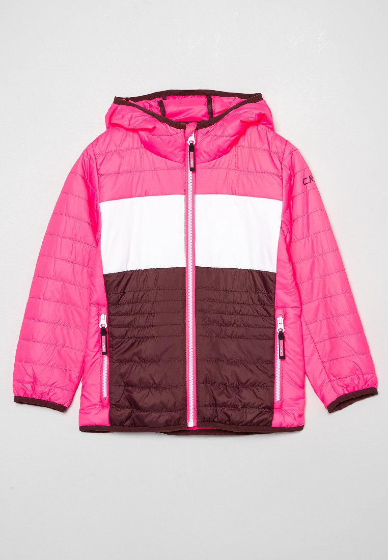 Gestepptes Jackett in leuchtendem Pink mit weißen und dunkelbraunen Abschnitten, ausgestattet mit einer Kapuze und zwei seitlichen Reißverschlüssen, entworfen mit einer gesteppten Textur.