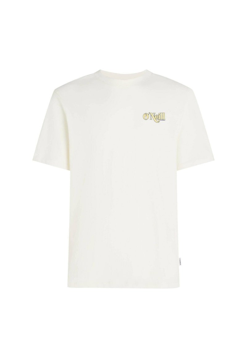 Weißes Baumwoll-T-Shirt mit kurzen Ärmeln und rundem Halsausschnitt. Auf der linken Brust befindet sich ein kleines gelbes O'Neill-Logo.