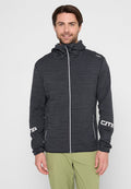 Dunkelgraue Zip-Jacke aus strukturiertem Stoff, mit Kapuze, weißen Akzenten an Reißverschluss und Ärmeln sowie einer taillierten Passform.
