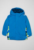Blaue isolierte Jacke mit Kapuze, die eine glatte Außenseite, elastische Bündchen und mehrfarbige Blumenmuster an den Seiten aufweist.