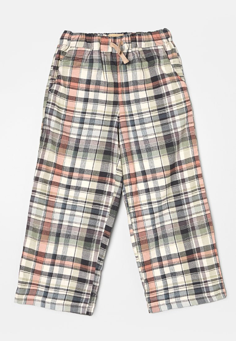 Karierte Hose mit einem mehrfarbigen Design in Pink-, Grün- und Schwarztönen, aus weichem Stoff mit einem elastischen Bund.