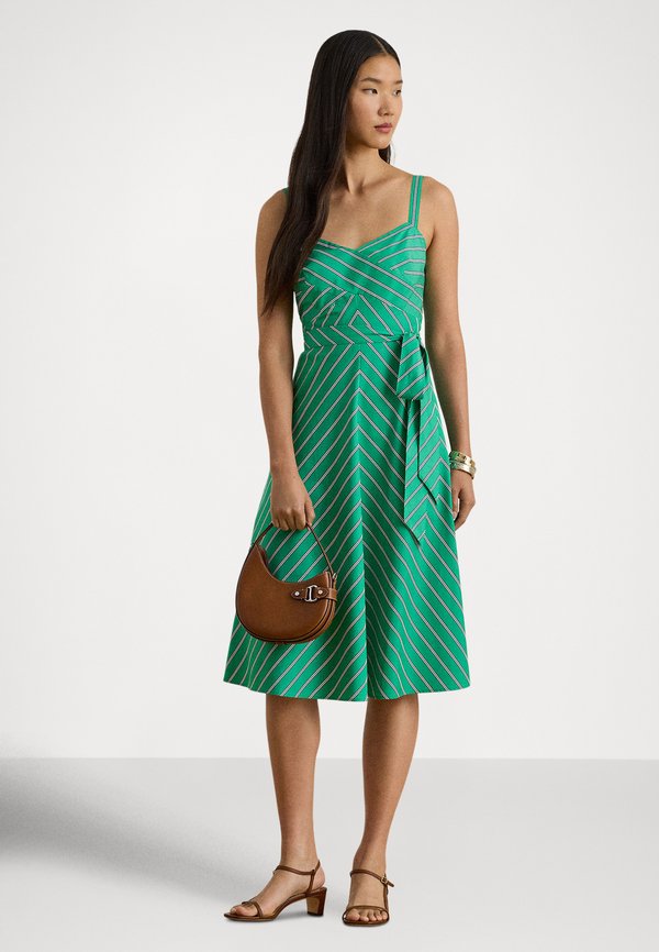 Lauren Ralph Lauren STRIPED BELTED COTTON SLEEVELESS DRESS