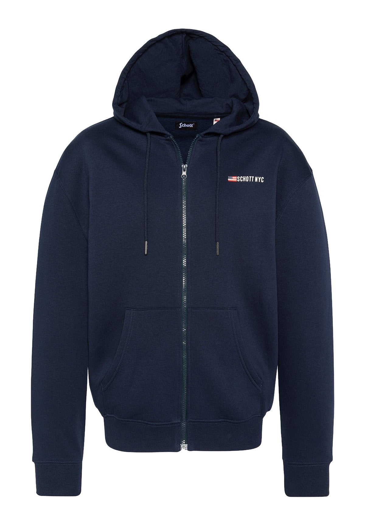 Marinefarbener Zip-Hoodie aus Baumwollmischung mit verstellbarem Kapuzenzug, Fronttaschen und "Schott NYC"-Logo auf der linken Brust. Weiche Textur.