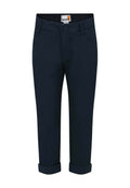 Navyblaue Baumwollhose mit geradem Schnitt, Knopfverschluss, Gürtelschlaufen und umgeschlagenen Säumen für einen maßgeschneiderten Look.
