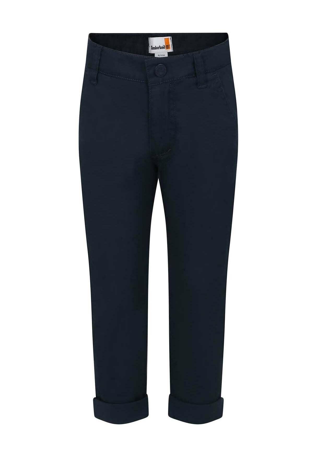 Navyblaue Baumwollhose mit geradem Schnitt, Knopfverschluss, Gürtelschlaufen und umgeschlagenen Säumen für einen maßgeschneiderten Look.