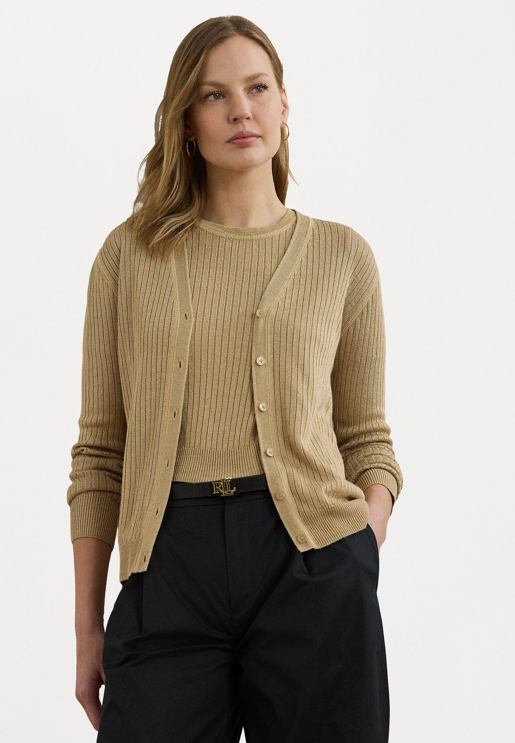 Lauren Ralph Lauren Rib Knit Linen Blend V Neck Cardigan