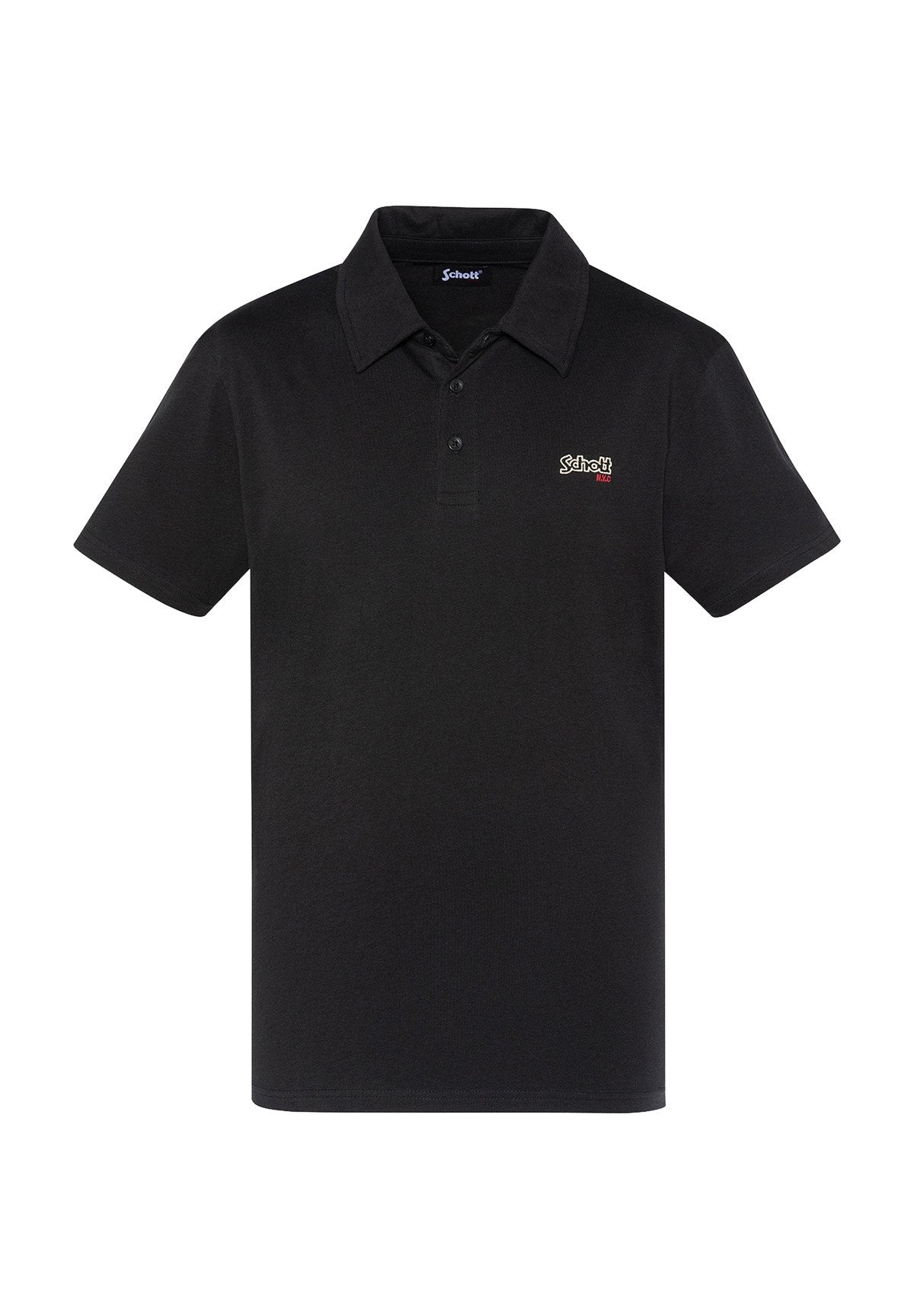 Schwarzes Poloshirt aus Baumwollmischung, mit einem zwei-knöpfigen Kragen, kurzen Ärmeln und dem Schott-Logo in Weiß und Rot auf der linken Brust.