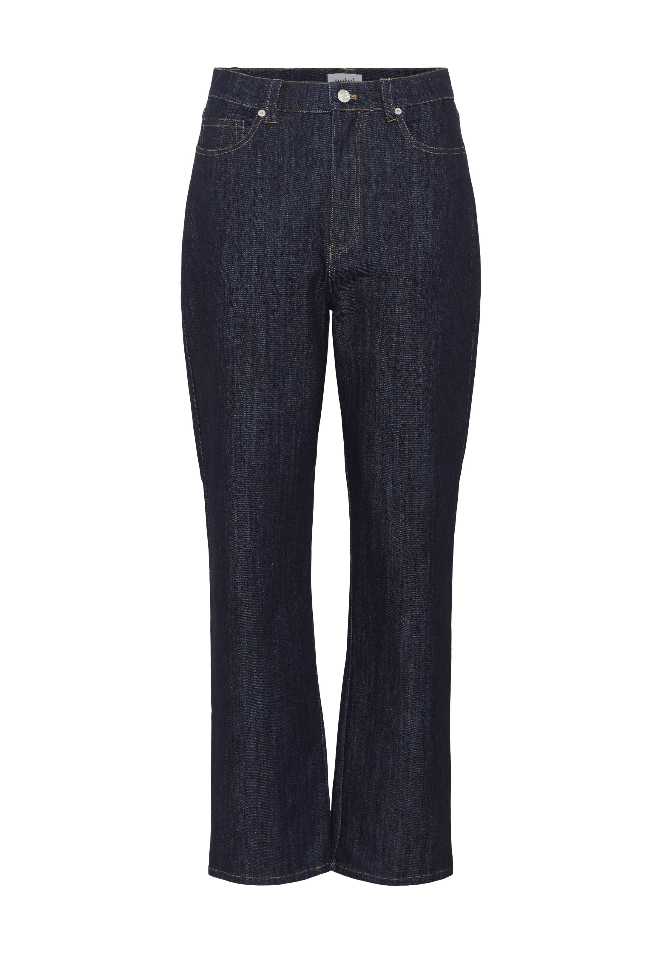 Dunkelblaue Jeans aus Denim mit geradem Schnitt, fünf Taschen und goldenen Nähten. Knopf- und Reißverschluss vorne.