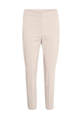 Beige maßgeschneiderte Hose mit geradem Schnitt, glattem Stoff und mittelhohem Bund. Sie verfügt über Vordertaschen und dezente Nahtdetails.