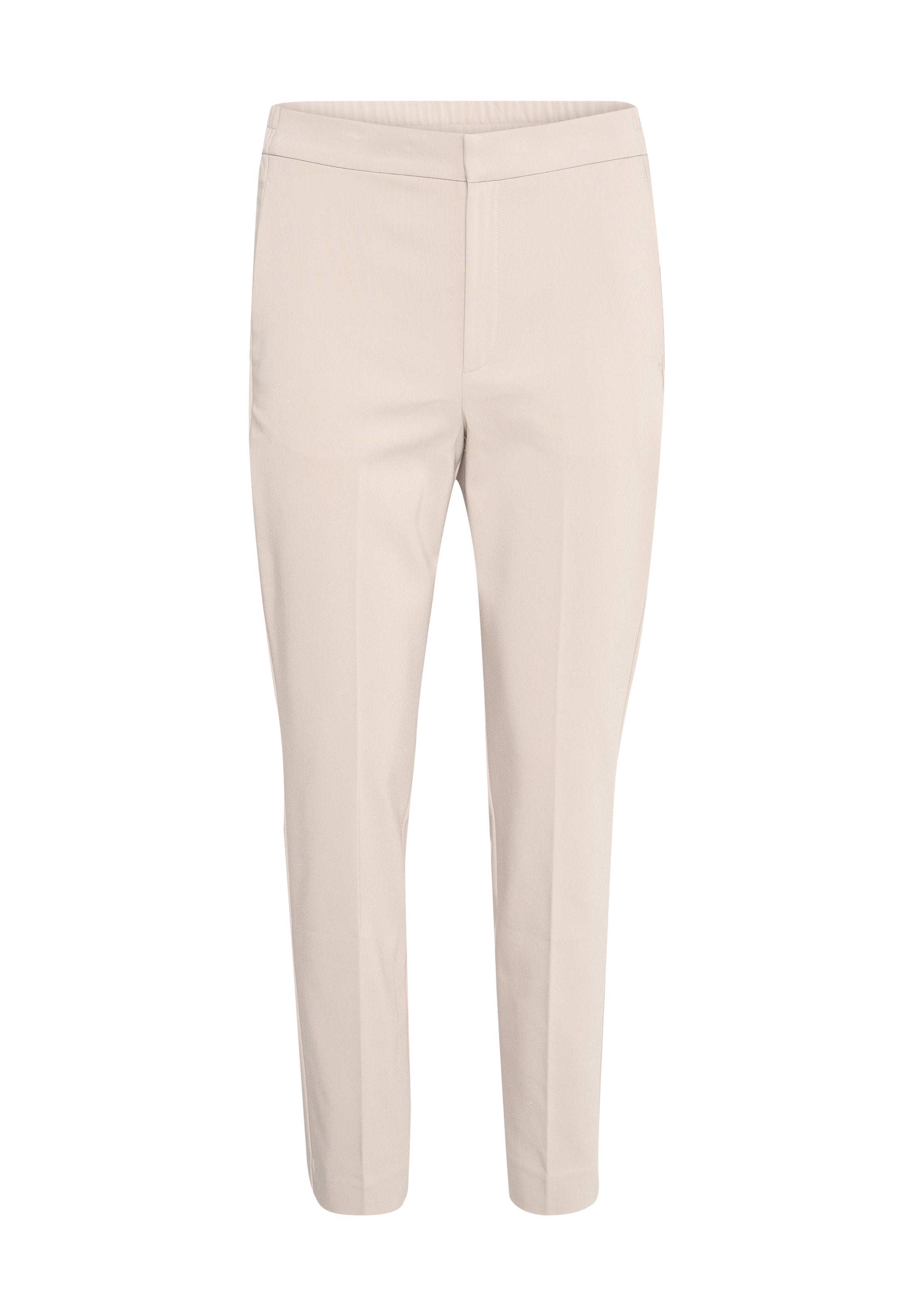 Beige maßgeschneiderte Hose mit geradem Schnitt, glattem Stoff und mittelhohem Bund. Sie verfügt über Vordertaschen und dezente Nahtdetails.
