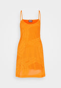 Oranges Netz-Mini-Kleid mit Spaghettiträgern und subtil strukturiertem Muster, mit Diesel-Logo am Ausschnitt.