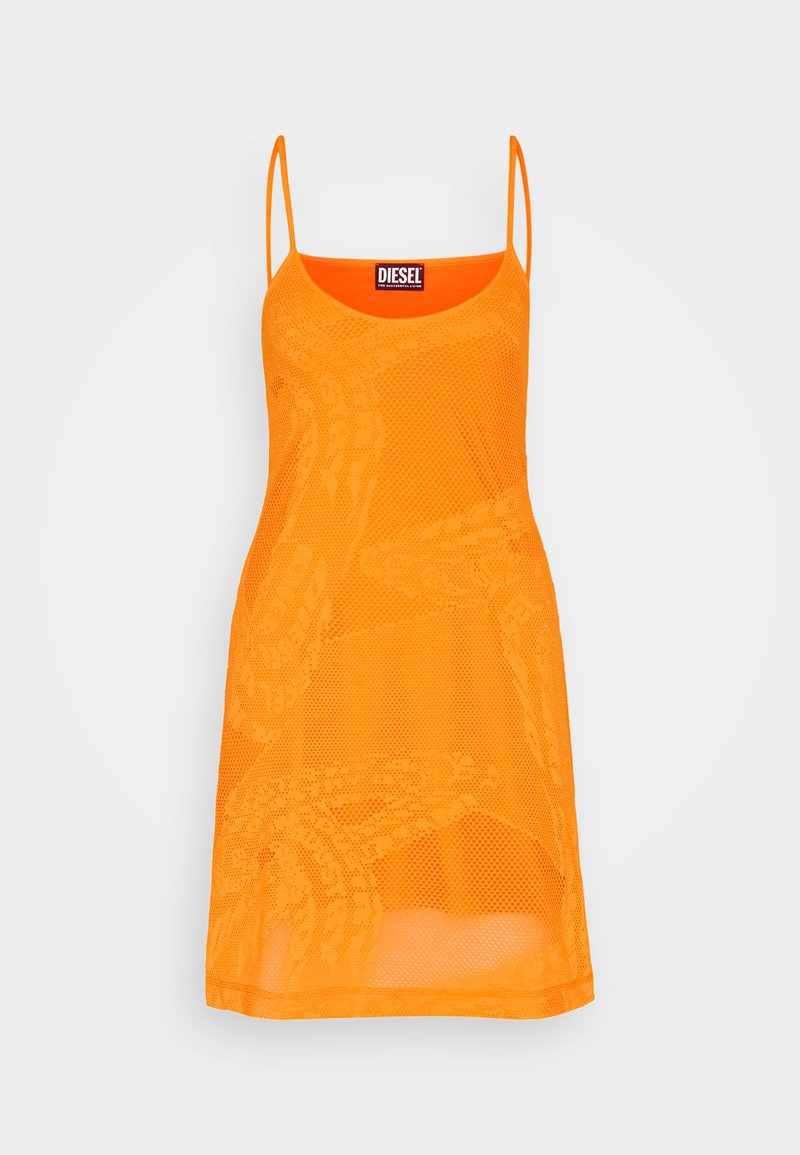 Oranges Netz-Mini-Kleid mit Spaghettiträgern und subtil strukturiertem Muster, mit Diesel-Logo am Ausschnitt.