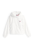 Weiße Kapuzenjacke aus leichtem Material mit einem Frontreißverschluss, elastischen Bündchen und einem kleinen Logo auf der Brust. Zwei Vorderaschen.