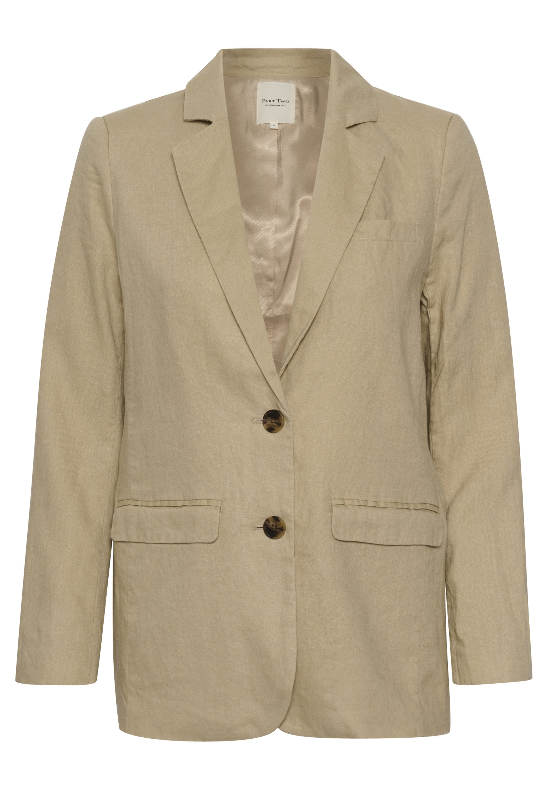 Hellbeige Leinenblazer mit strukturiertem Design, Reverskragen und zwei Fronttaschen, ausgestattet mit zwei braunen Knöpfen zum Schließen.