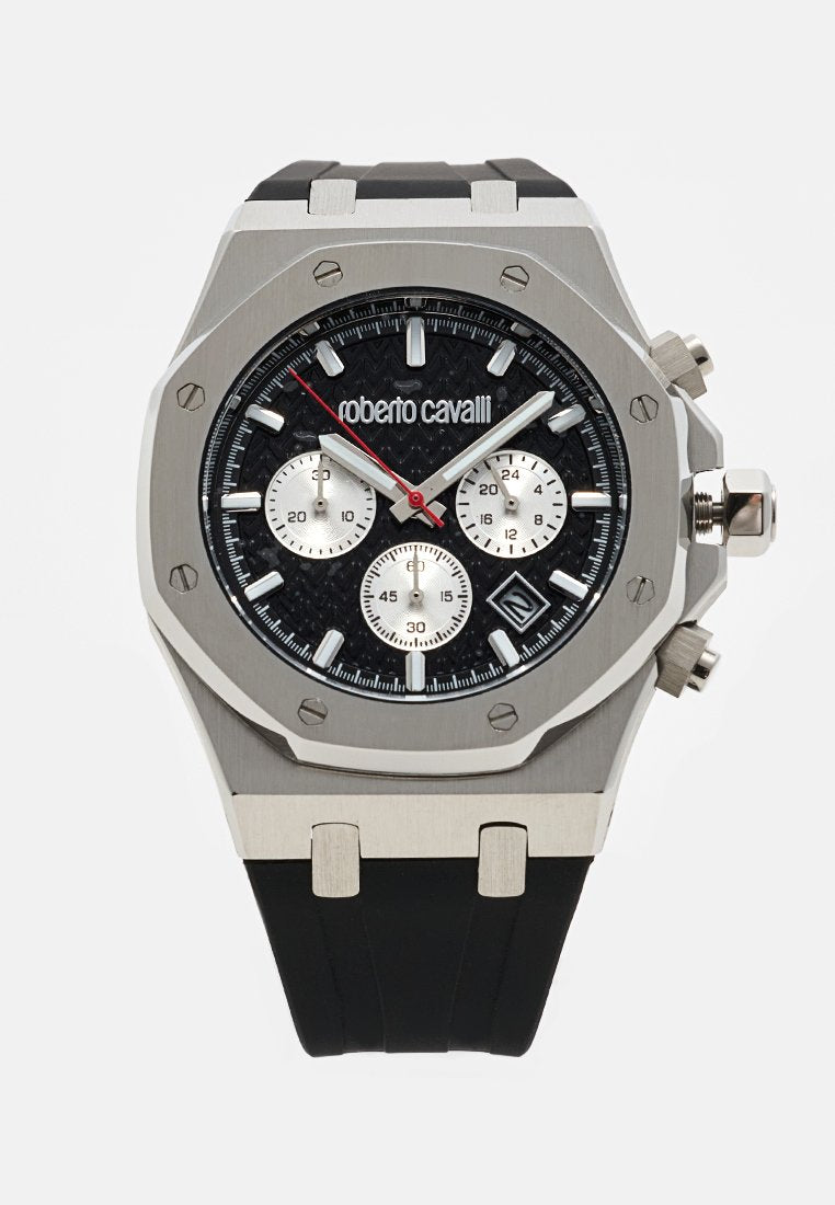 Roberto Cavalli silberne Metall-Chronographuhr mit schwarzem strukturiertem Zifferblatt, drei Unterzifferblättern, Datumsfenster und schwarzem Kautschukarmband.