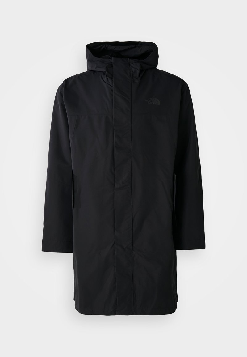 Schwarze wasserdichte Parka mit hohem Kragen und verstellbarem Kapuze. Verfügt über einen Frontreißverschluss, lange Ärmel und zwei Seitentaschen. Minimalistisches Design.