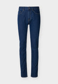 Dunkelblaue Denim-Jeans mit schmaler Passform, Fünf-Taschen-Design, sichtbaren Nahtdetails und Knopfverschluss an der Taille. Glatte Textur.