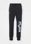 Schwarze Jogginghose mit elastischem Bund und Kordelzug, versehen mit weißen grafischen Designs entlang des linken Beins und gerippten Bündchen.
