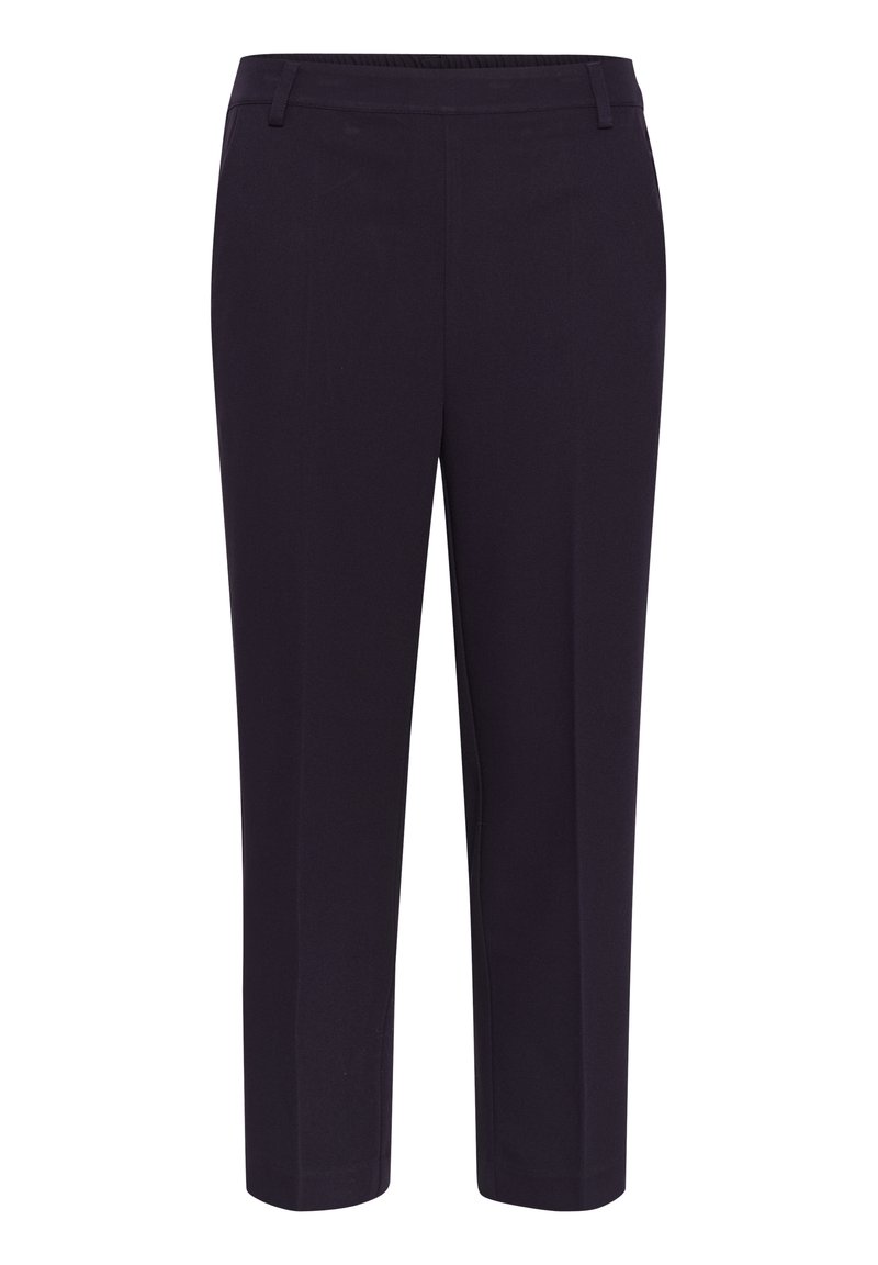 Marineblaue, schmal zulaufende Hose mit flachem Bund, elastischem Taillenbund und geraden Beinen. Hergestellt aus einem glatten, dehnbaren Stoff. Keine sichtbaren Taschen.