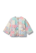 Gesteppte Jacke mit Knöpfen und Patchwork-Muster in Pastellfarben, zwei vordere Taschen, lange Ärmel und runder Ausschnitt.