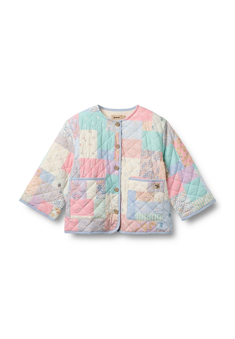 Gesteppte Jacke mit Knöpfen und Patchwork-Muster in Pastellfarben, zwei vordere Taschen, lange Ärmel und runder Ausschnitt.