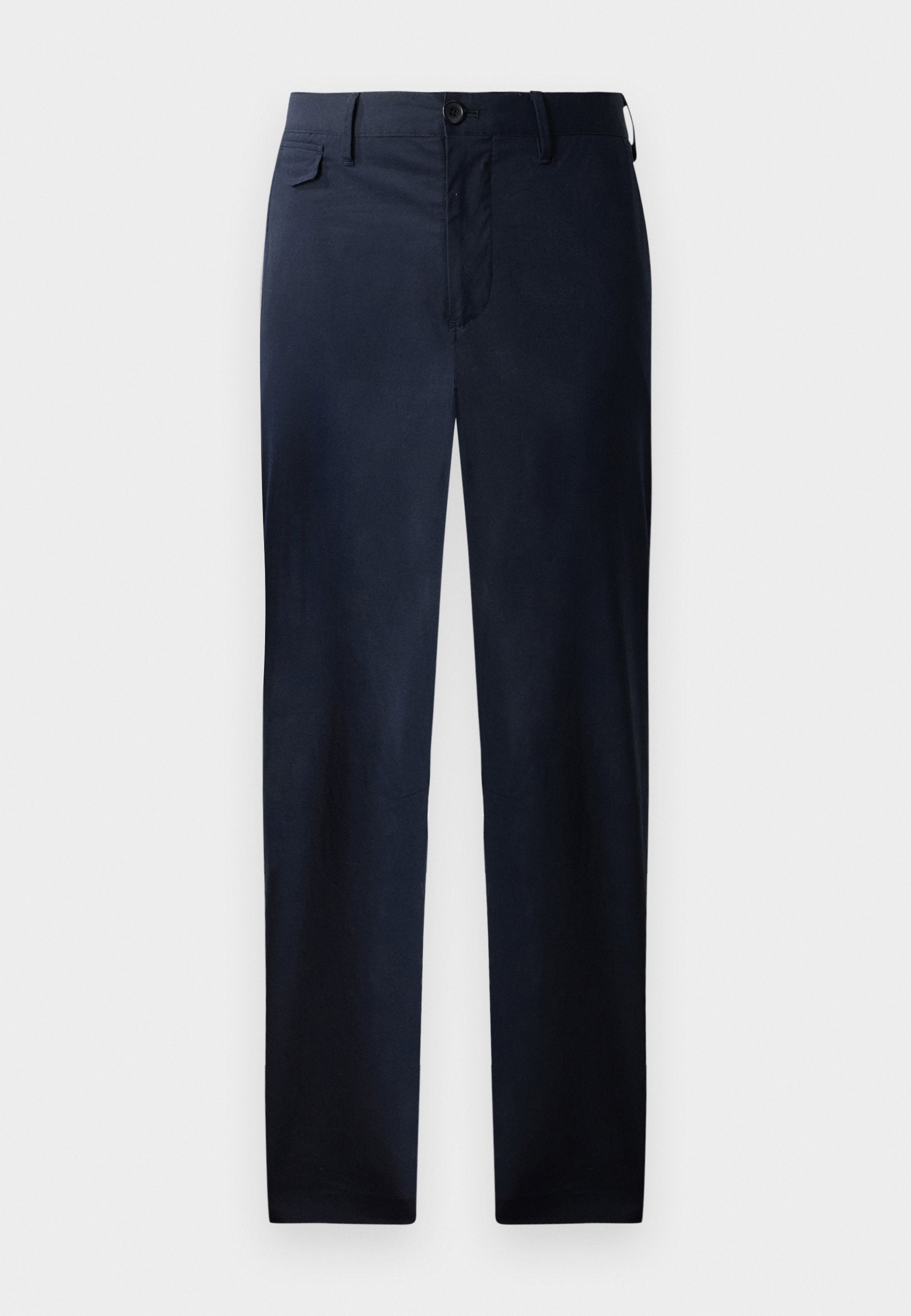 Marineblau, gerade geschnittene Hose aus glattem Stoff. Mit Reißverschluss, Knopfverschluss und einer dezenten Seitentasche. Keine sichtbaren Muster.